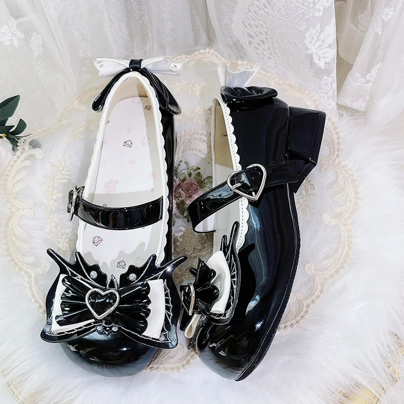 Girls Heart Cute Lolita Original Sweet Shoes Bow Design Round Head Lolita Low Heels Shoes Women's Summer Japanese Style Shoes
