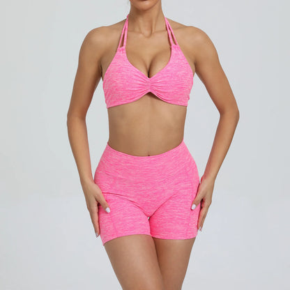 Adjustable Sport Bra Halter Yoga Set Gym Pocket V Back Shorts Women Workout Tops Women Fitness Leggings Gym Active Wear