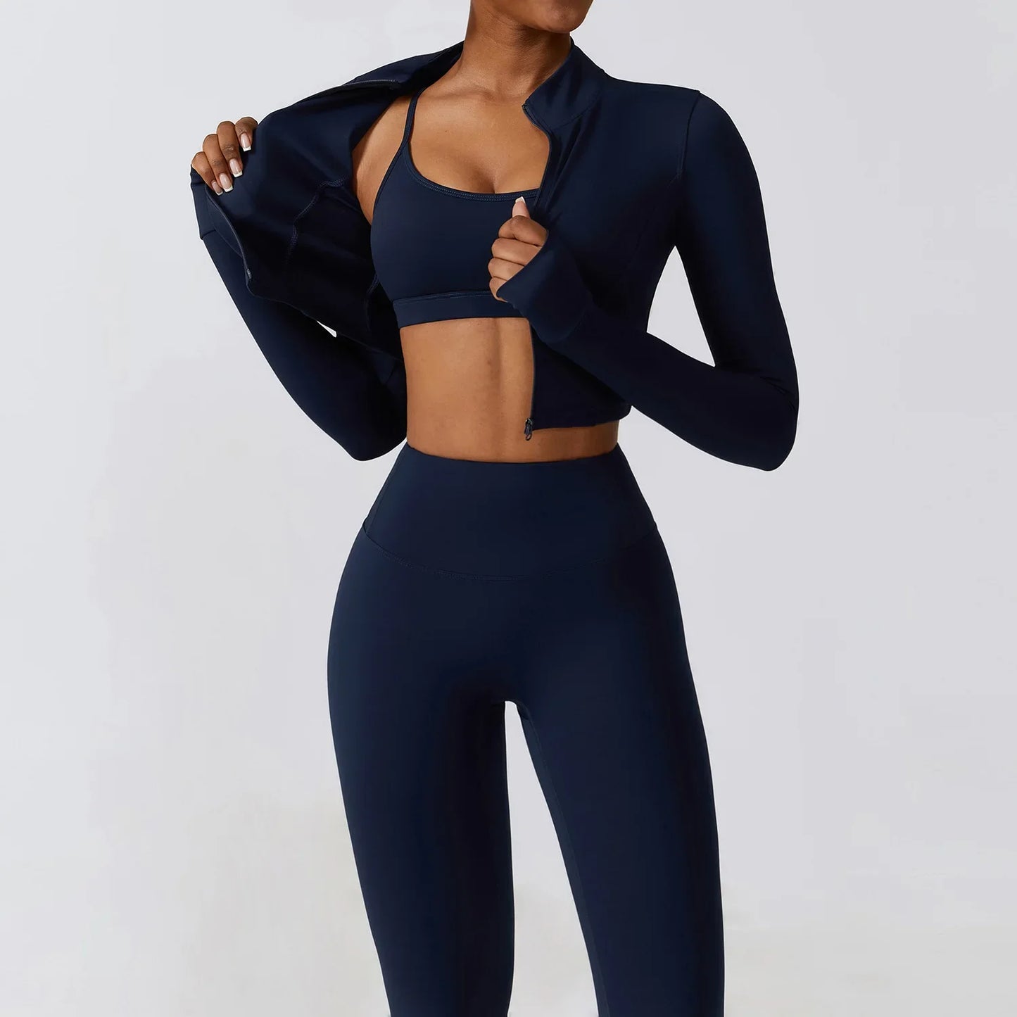 3 Pieces Fitness Yoga Set Women Solid Color Stretch Athletic Suit Sexy Bra Zipper Jacket High Waist Leggings Female Sportswear