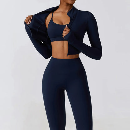3 Pieces Fitness Yoga Set Women Solid Color Stretch Athletic Suit Sexy Bra Zipper Jacket High Waist Leggings Female Sportswear