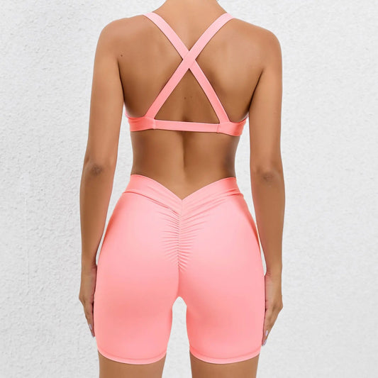 2pcs Women Yoga Sets Outfits Peach Hip Lifting Suit Neck Hanging Sports Bra Shockproof Quick Drying Shorts Set Female Tracksuit
