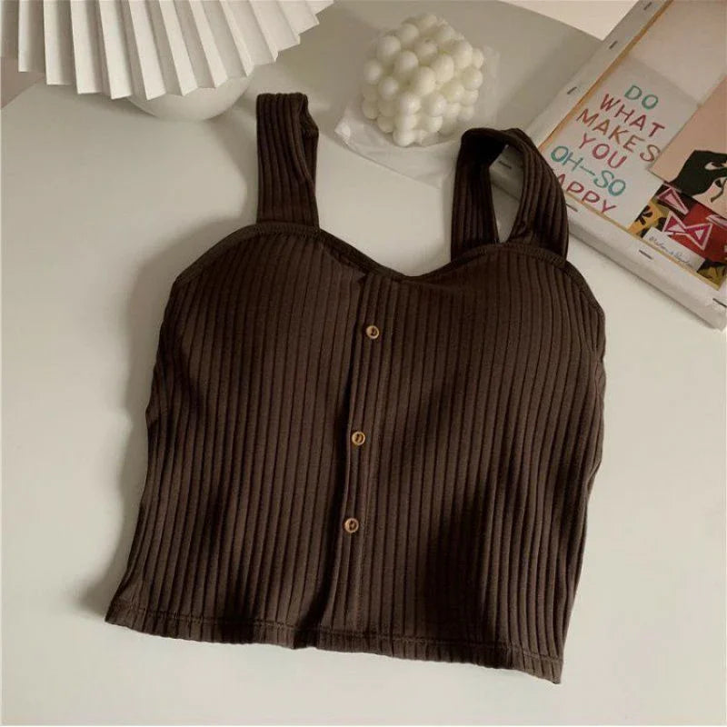Women's Y2K Cropped Tops with Bra Pads Summer Corset Korean Suspenders Vest Sexy Camisole Slim Solid Casual Fake Buckle Tops
