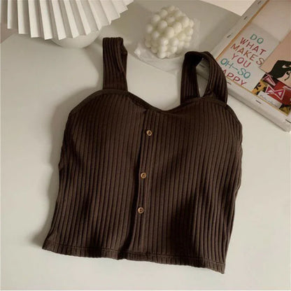 Women's Y2K Cropped Tops with Bra Pads Summer Corset Korean Suspenders Vest Sexy Camisole Slim Solid Casual Fake Buckle Tops