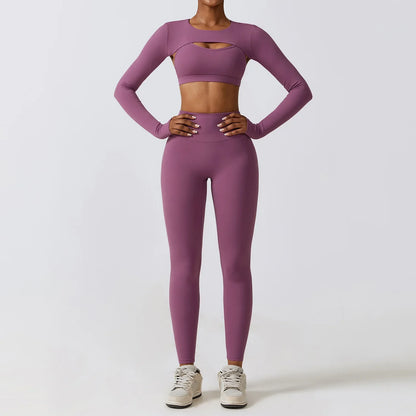 3 Pieces Fitness Yoga Set Women Solid Color Stretch Athletic Suit Sexy Bra Zipper Jacket High Waist Leggings Female Sportswear