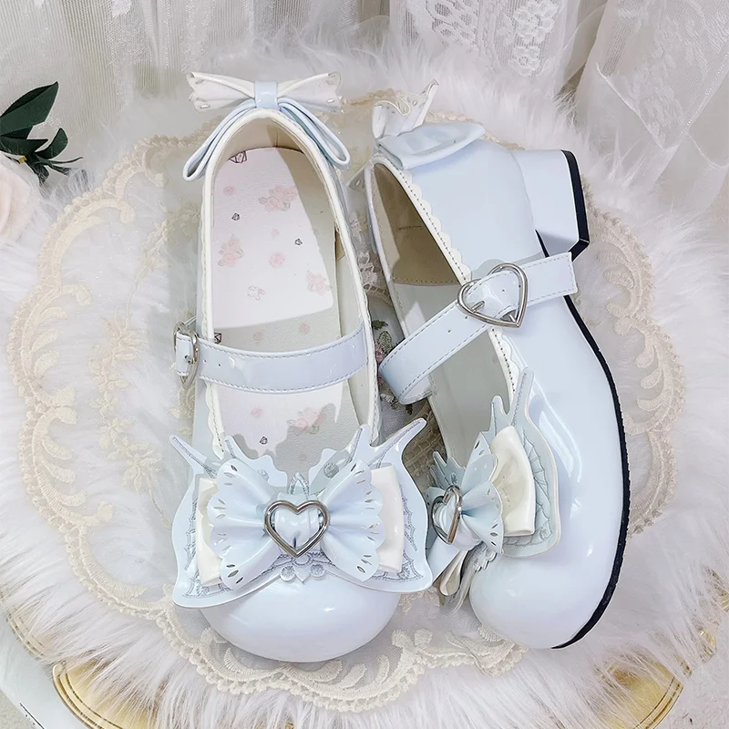 Girls Heart Cute Lolita Original Sweet Shoes Bow Design Round Head Lolita Low Heels Shoes Women's Summer Japanese Style Shoes