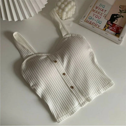 Women's Y2K Cropped Tops with Bra Pads Summer Corset Korean Suspenders Vest Sexy Camisole Slim Solid Casual Fake Buckle Tops