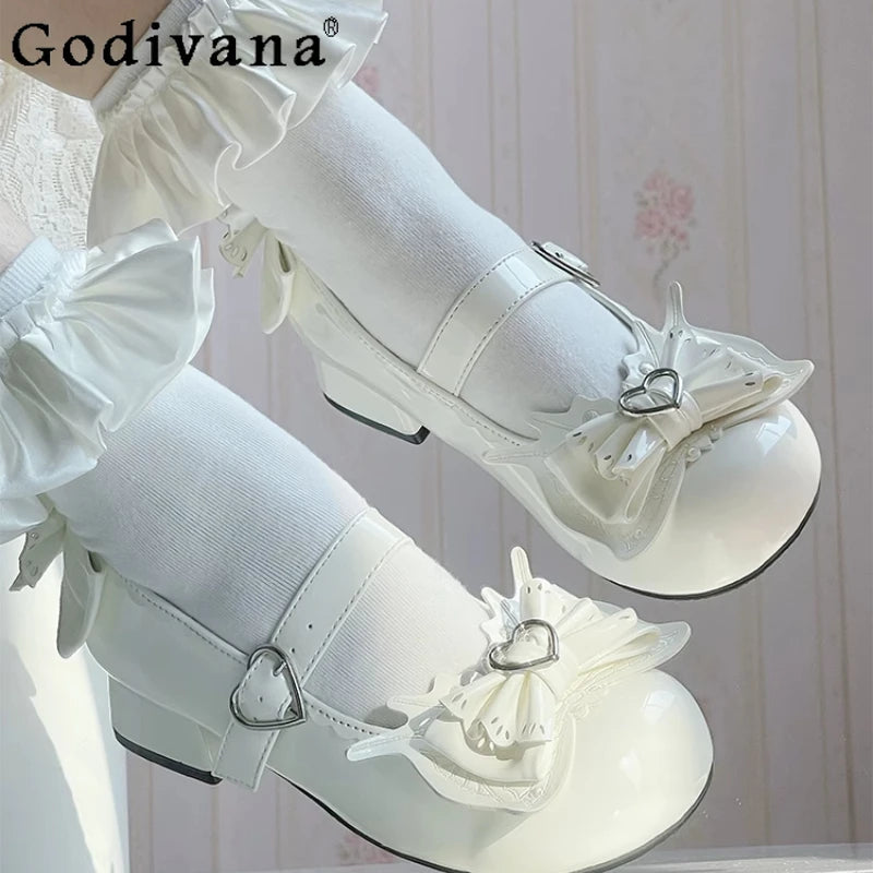 Girls Heart Cute Lolita Original Sweet Shoes Bow Design Round Head Lolita Low Heels Shoes Women's Summer Japanese Style Shoes