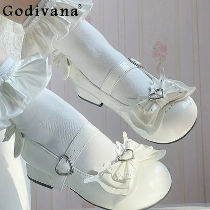 Girls Heart Cute Lolita Original Sweet Shoes Bow Design Round Head Lolita Low Heels Shoes Women's Summer Japanese Style Shoes