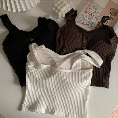 Women's Y2K Cropped Tops with Bra Pads Summer Corset Korean Suspenders Vest Sexy Camisole Slim Solid Casual Fake Buckle Tops
