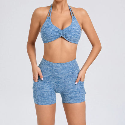 Adjustable Sport Bra Halter Yoga Set Gym Pocket V Back Shorts Women Workout Tops Women Fitness Leggings Gym Active Wear