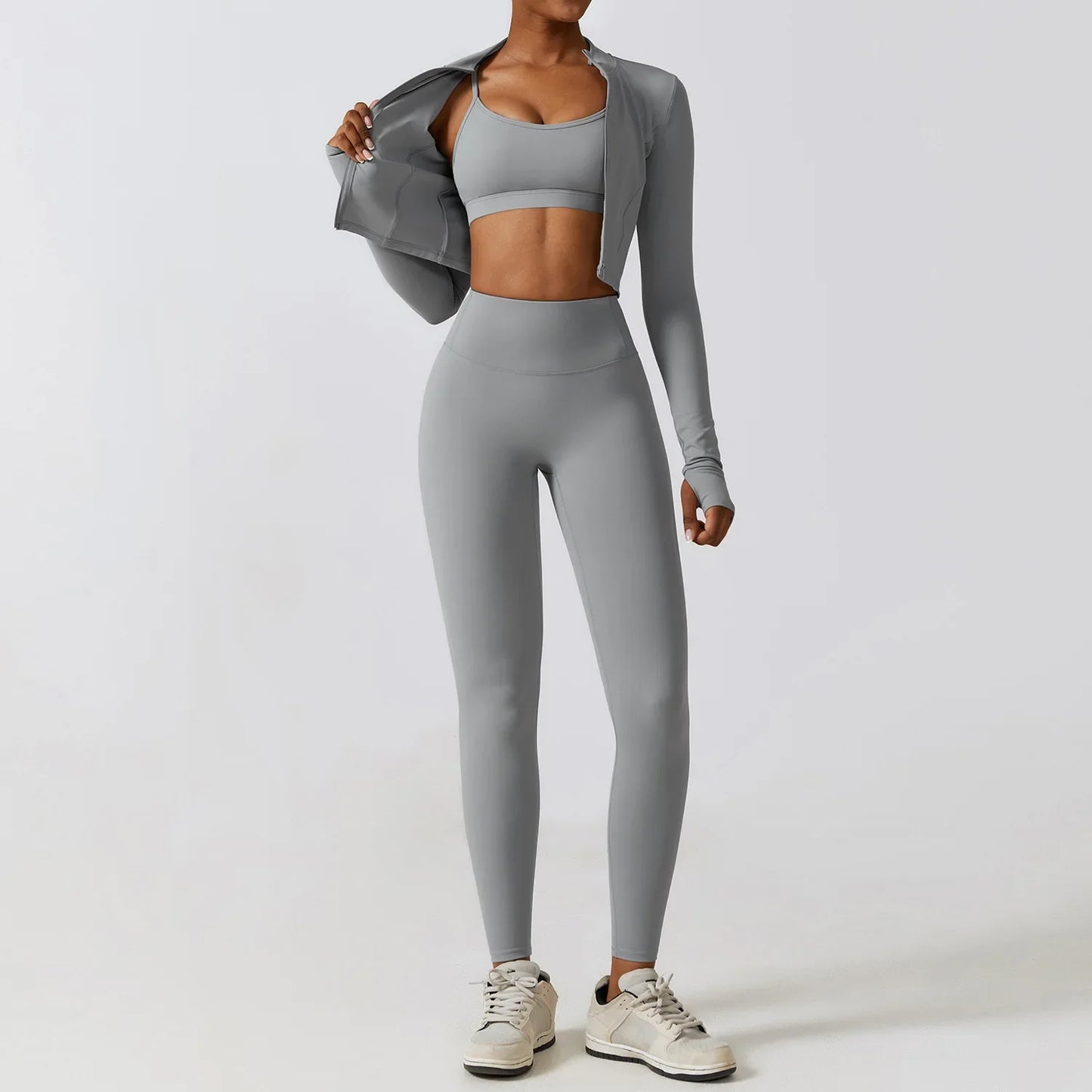 3 Pieces Fitness Yoga Set Women Solid Color Stretch Athletic Suit Sexy Bra Zipper Jacket High Waist Leggings Female Sportswear
