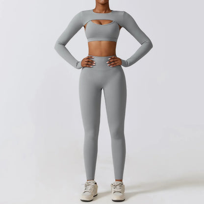 3 Pieces Fitness Yoga Set Women Solid Color Stretch Athletic Suit Sexy Bra Zipper Jacket High Waist Leggings Female Sportswear