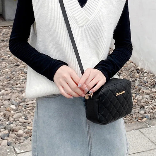 Fashion women's PU shoulder bag diamond grid camera bag solid color wide shoulder strap crossbody bag