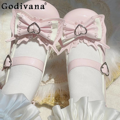Girls Heart Cute Lolita Original Sweet Shoes Bow Design Round Head Lolita Low Heels Shoes Women's Summer Japanese Style Shoes