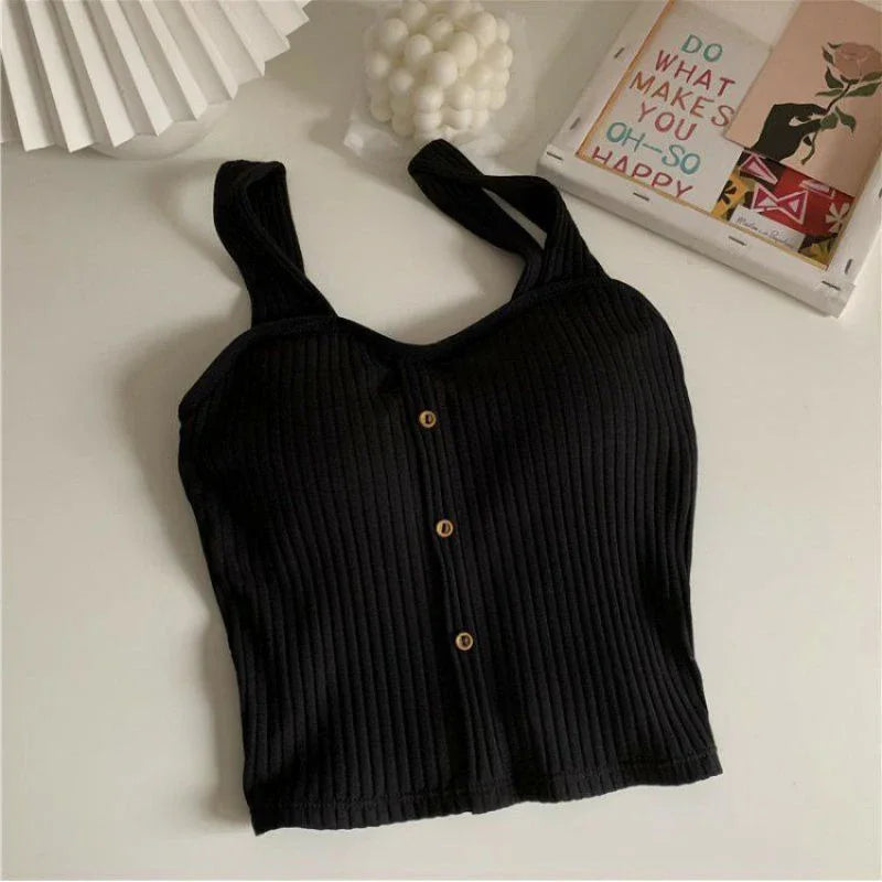 Women's Y2K Cropped Tops with Bra Pads Summer Corset Korean Suspenders Vest Sexy Camisole Slim Solid Casual Fake Buckle Tops