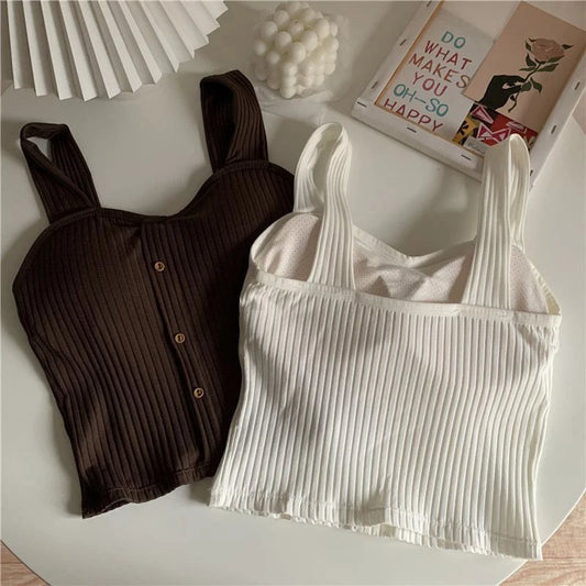 Women's Y2K Cropped Tops with Bra Pads Summer Corset Korean Suspenders Vest Sexy Camisole Slim Solid Casual Fake Buckle Tops