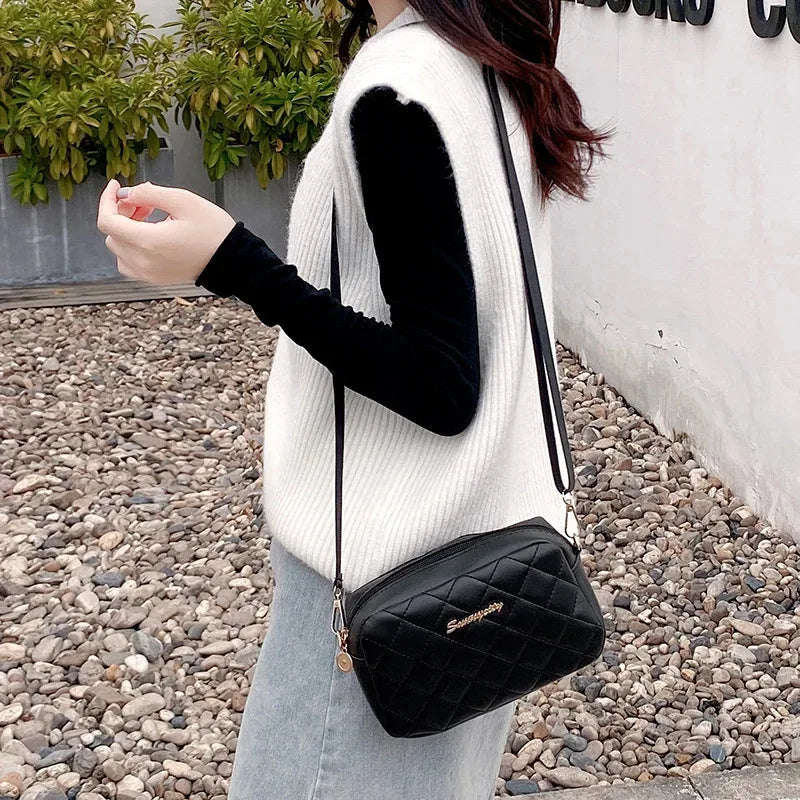 Fashion women's PU shoulder bag diamond grid camera bag solid color wide shoulder strap crossbody bag