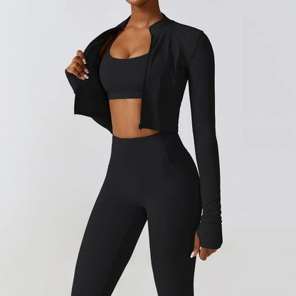 3 Pieces Fitness Yoga Set Women Solid Color Stretch Athletic Suit Sexy Bra Zipper Jacket High Waist Leggings Female Sportswear
