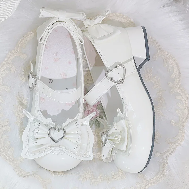 Girls Heart Cute Lolita Original Sweet Shoes Bow Design Round Head Lolita Low Heels Shoes Women's Summer Japanese Style Shoes