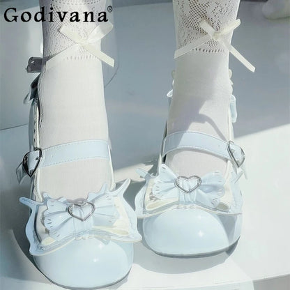 Girls Heart Cute Lolita Original Sweet Shoes Bow Design Round Head Lolita Low Heels Shoes Women's Summer Japanese Style Shoes