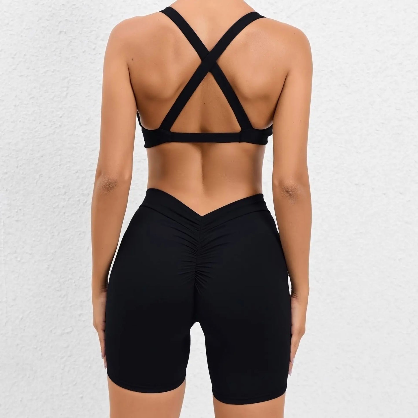2pcs Women Yoga Sets Outfits Peach Hip Lifting Suit Neck Hanging Sports Bra Shockproof Quick Drying Shorts Set Female Tracksuit