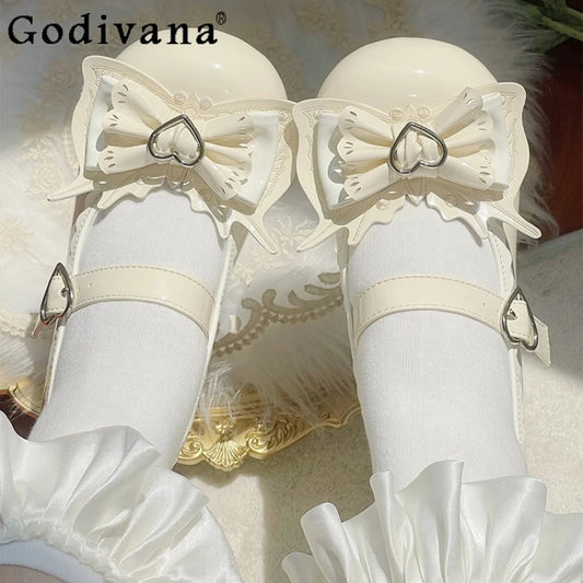 Girls Heart Cute Lolita Original Sweet Shoes Bow Design Round Head Lolita Low Heels Shoes Women's Summer Japanese Style Shoes
