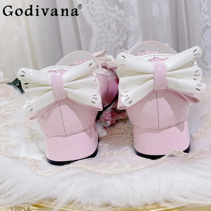 Girls Heart Cute Lolita Original Sweet Shoes Bow Design Round Head Lolita Low Heels Shoes Women's Summer Japanese Style Shoes