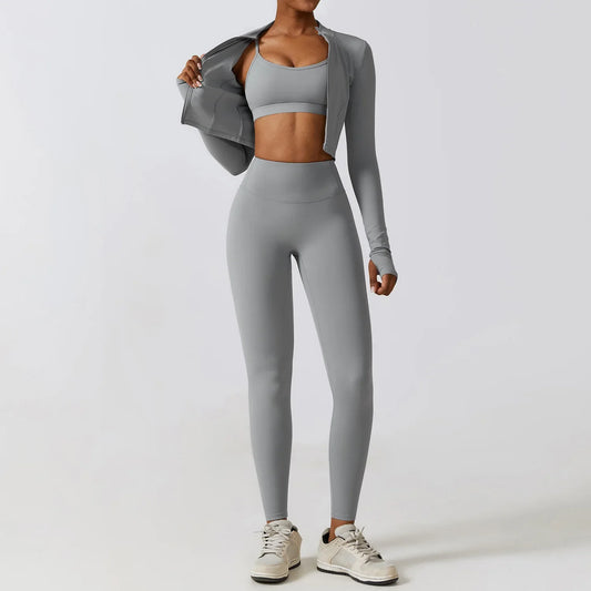 3 Pieces Fitness Yoga Set Women Solid Color Stretch Athletic Suit Sexy Bra Zipper Jacket High Waist Leggings Female Sportswear