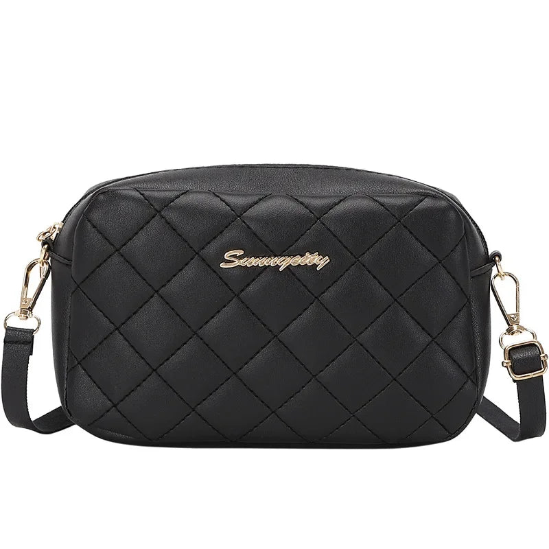 Fashion women's PU shoulder bag diamond grid camera bag solid color wide shoulder strap crossbody bag