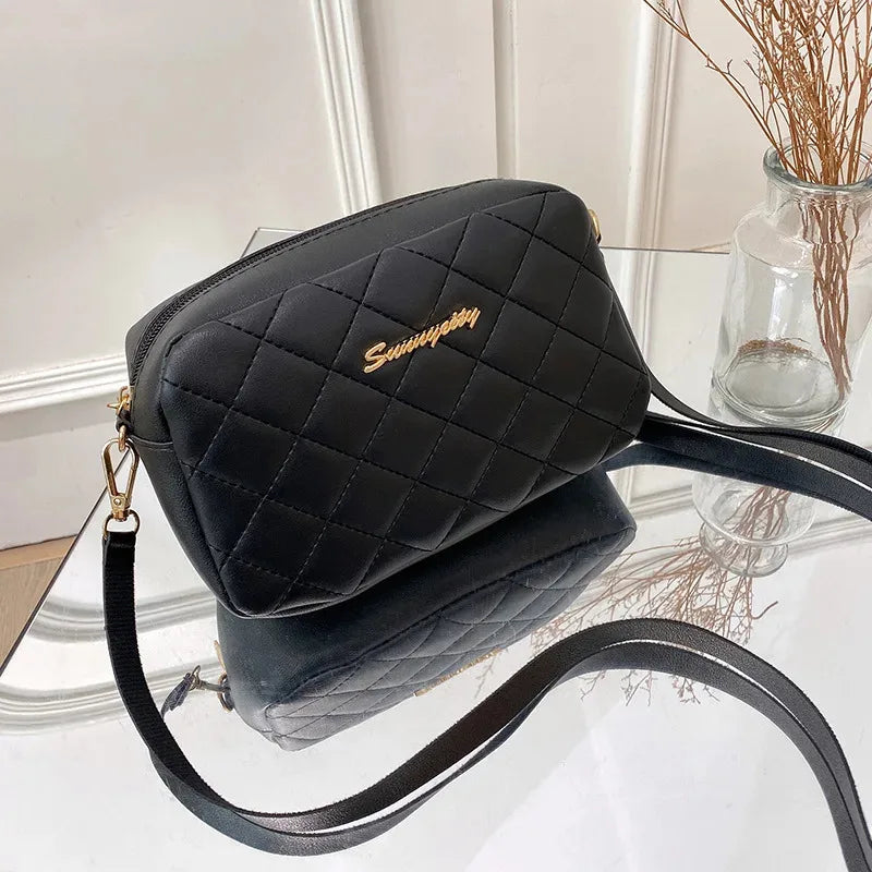 Fashion women's PU shoulder bag diamond grid camera bag solid color wide shoulder strap crossbody bag