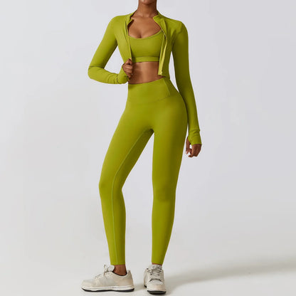 3 Pieces Fitness Yoga Set Women Solid Color Stretch Athletic Suit Sexy Bra Zipper Jacket High Waist Leggings Female Sportswear