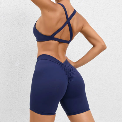 2pcs Women Yoga Sets Outfits Peach Hip Lifting Suit Neck Hanging Sports Bra Shockproof Quick Drying Shorts Set Female Tracksuit